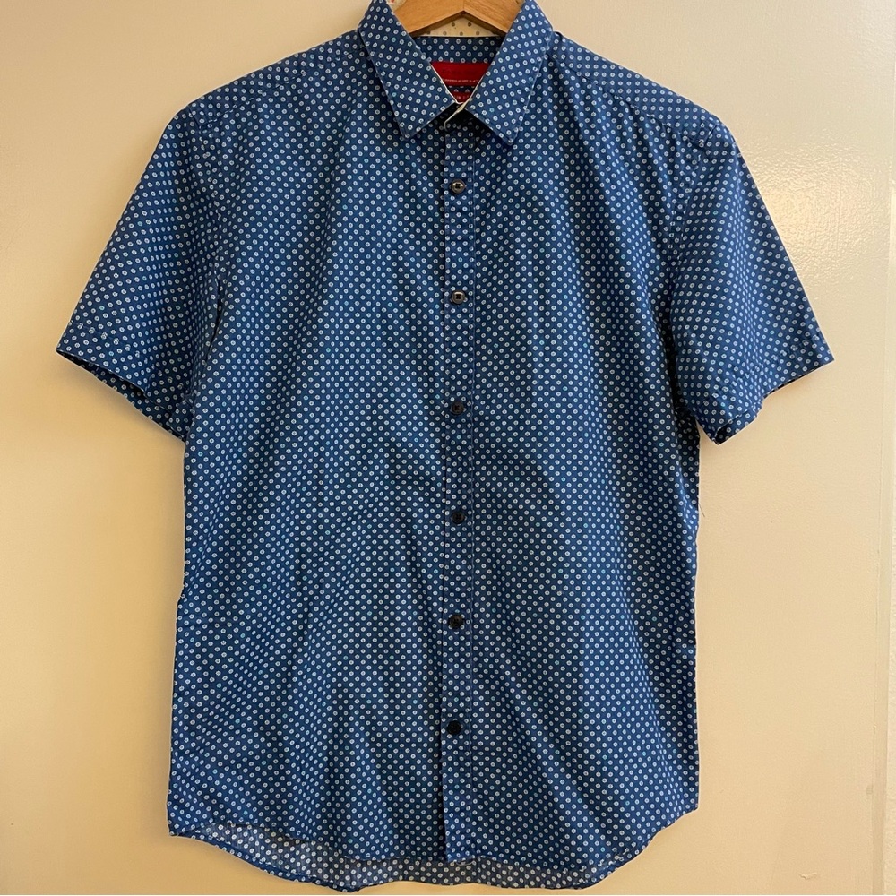Zara Men's Blue Short Sleeve Shirt with White Pattern